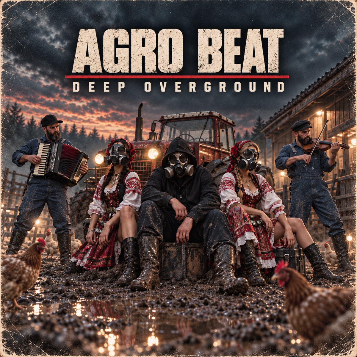Agro Beat cover art with accordion, violin and masked dancers beside a tractor