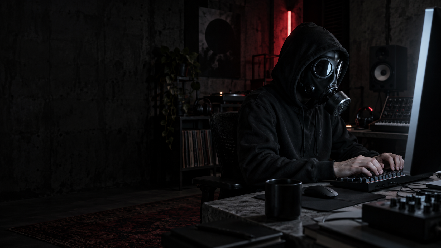 DJ wearing a black gas mask and hoodie writing at a computer