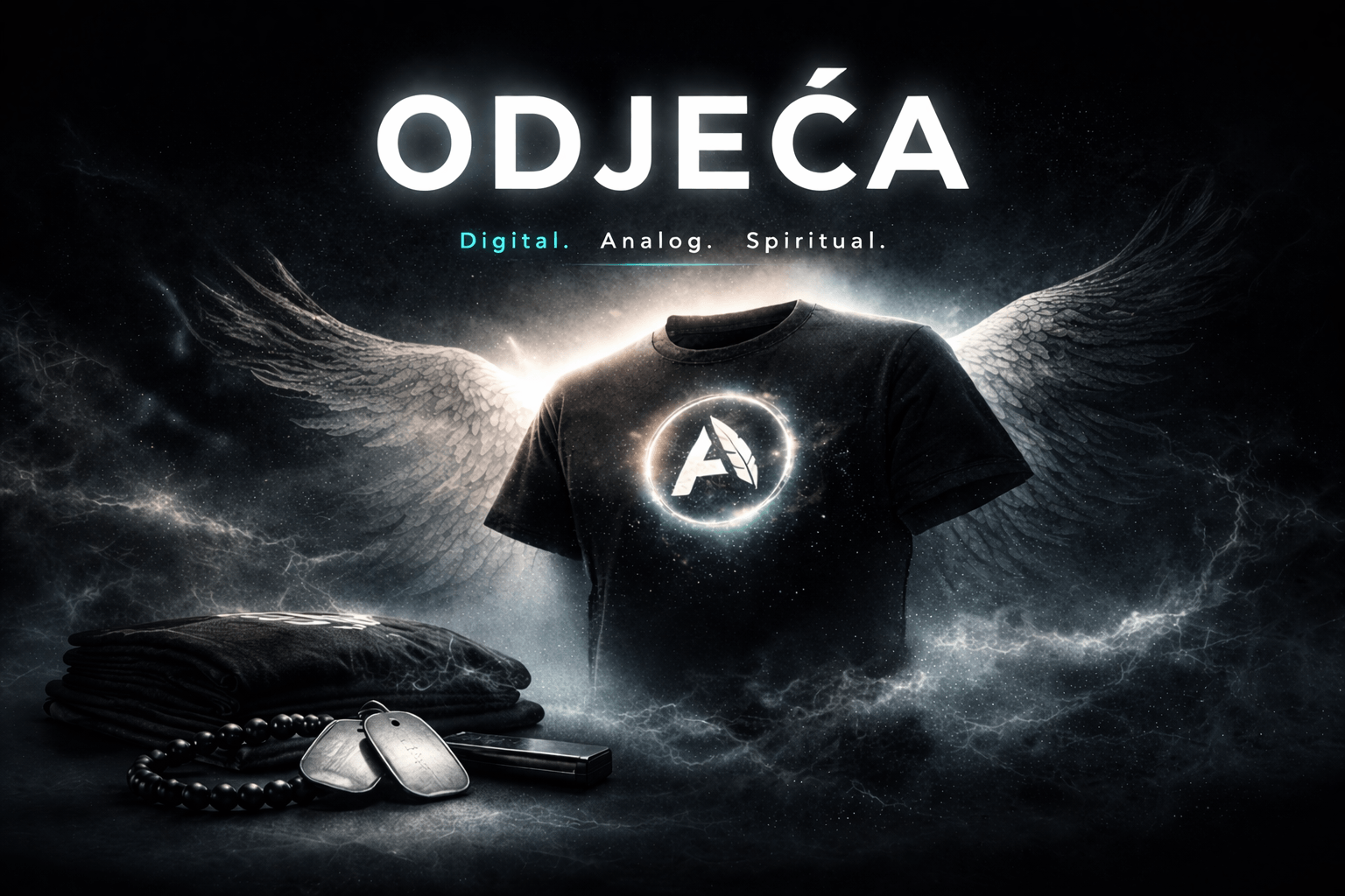 “Crna majica s Ahinej logom i krilima, tamna estetska pozadina”