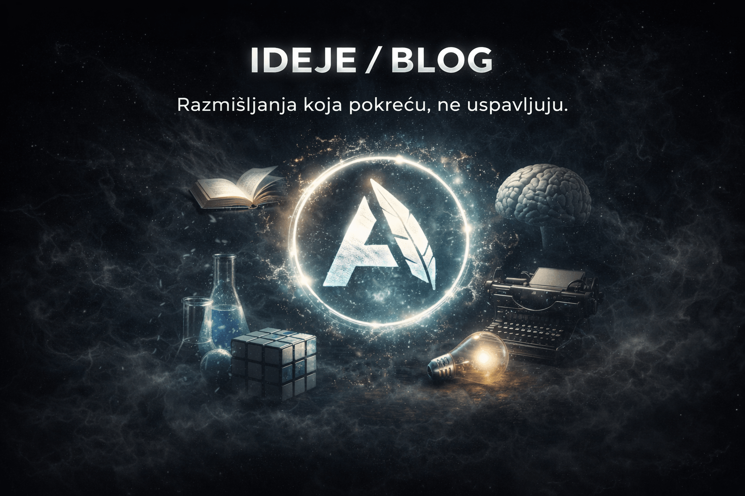 “Ahinej logo s elementima knjige, mozga i ideja u tamnom vizualu”