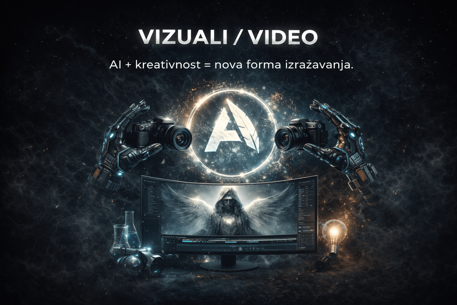 “Ahinej logo s elementima knjige, mozga i ideja u tamnom vizualu”